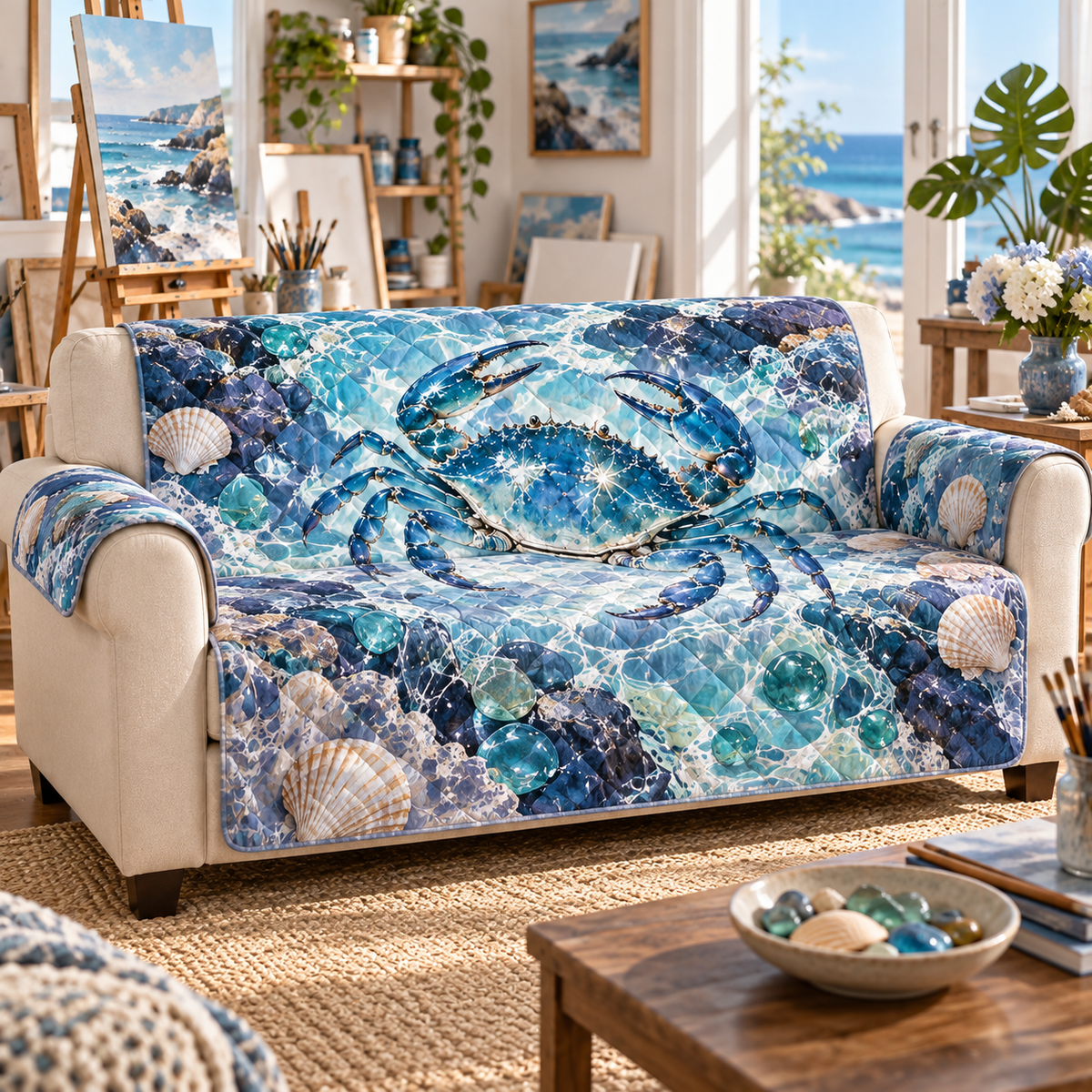 One sofa cover with original Crab Tidal Pool Studio flat printed optical-depth artwork.