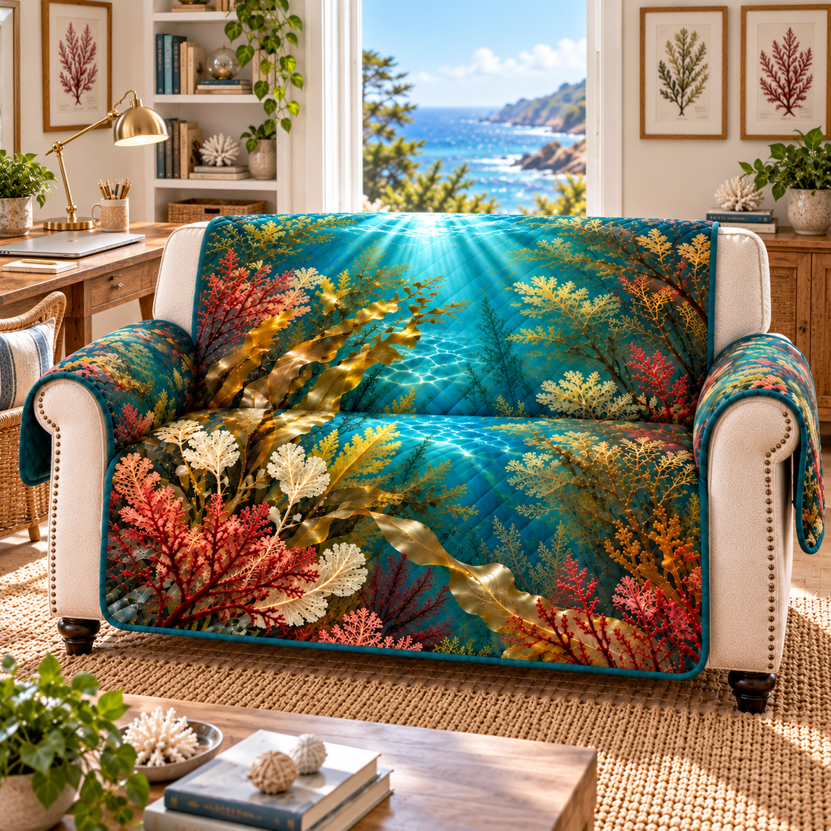 One sofa cover with original seaweed herbarium home office flat printed optical-depth artwork.