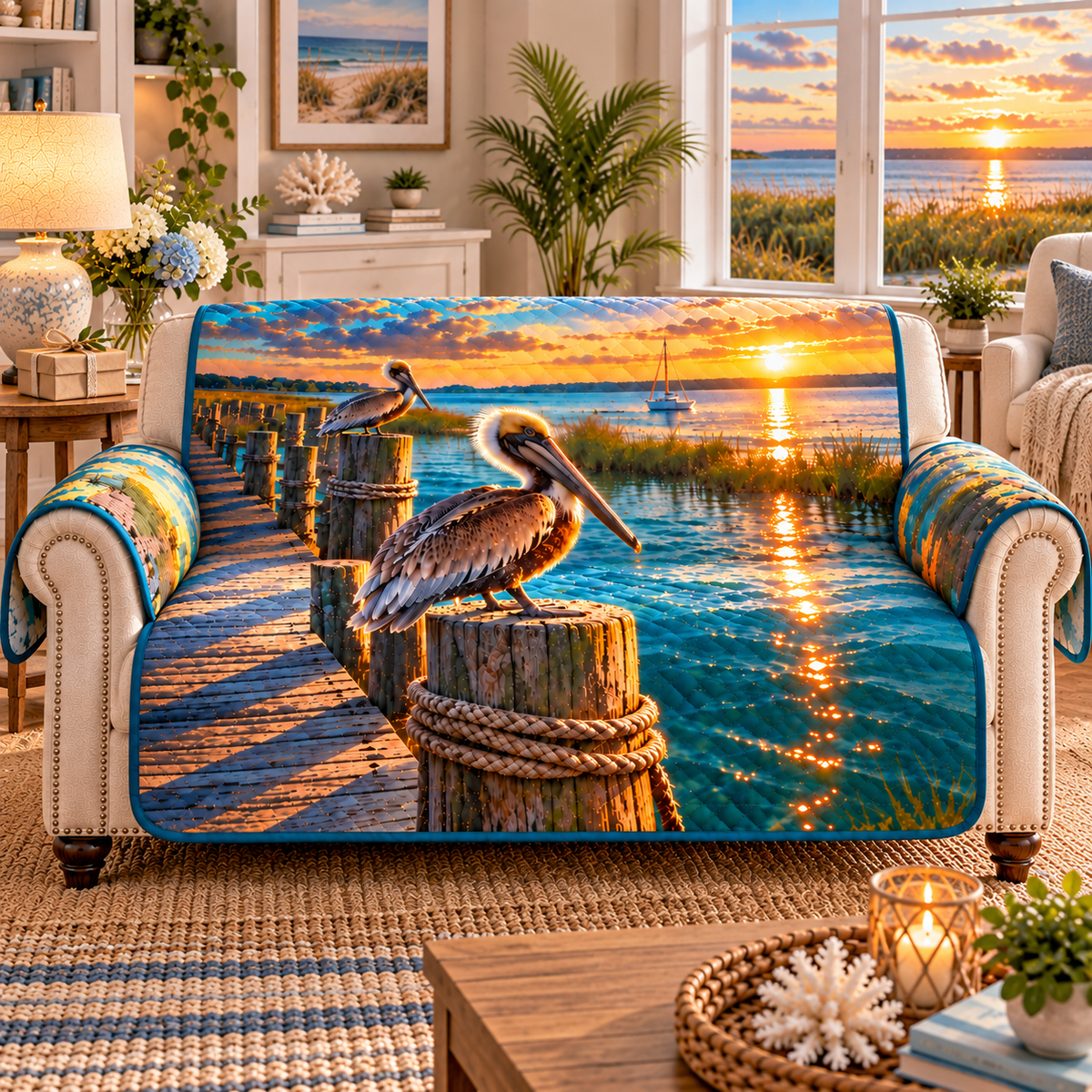 One sofa cover with original pelican dock housewarming flat printed optical-depth artwork.