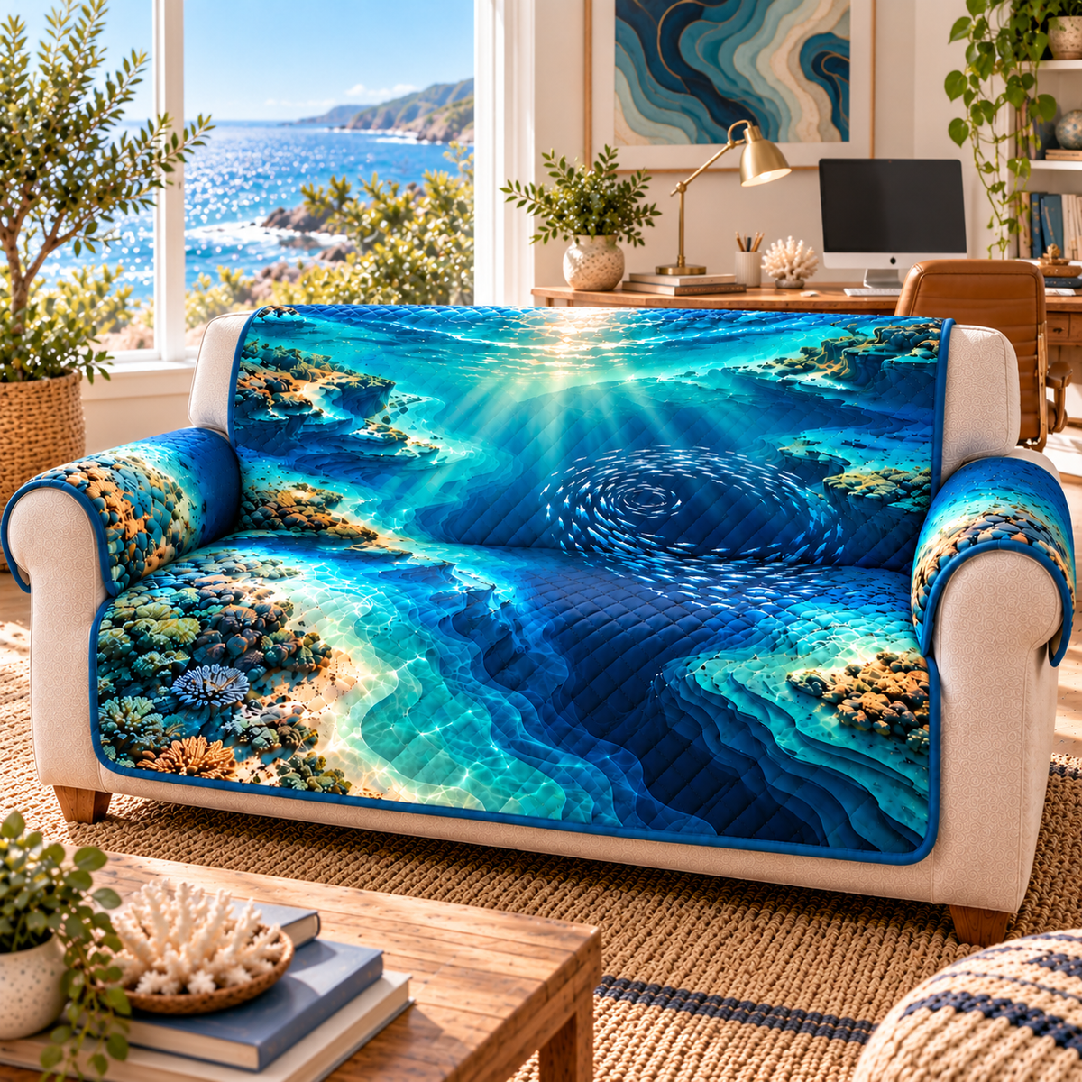 One sofa cover with original ocean depth contours home office flat printed optical-depth artwork.
