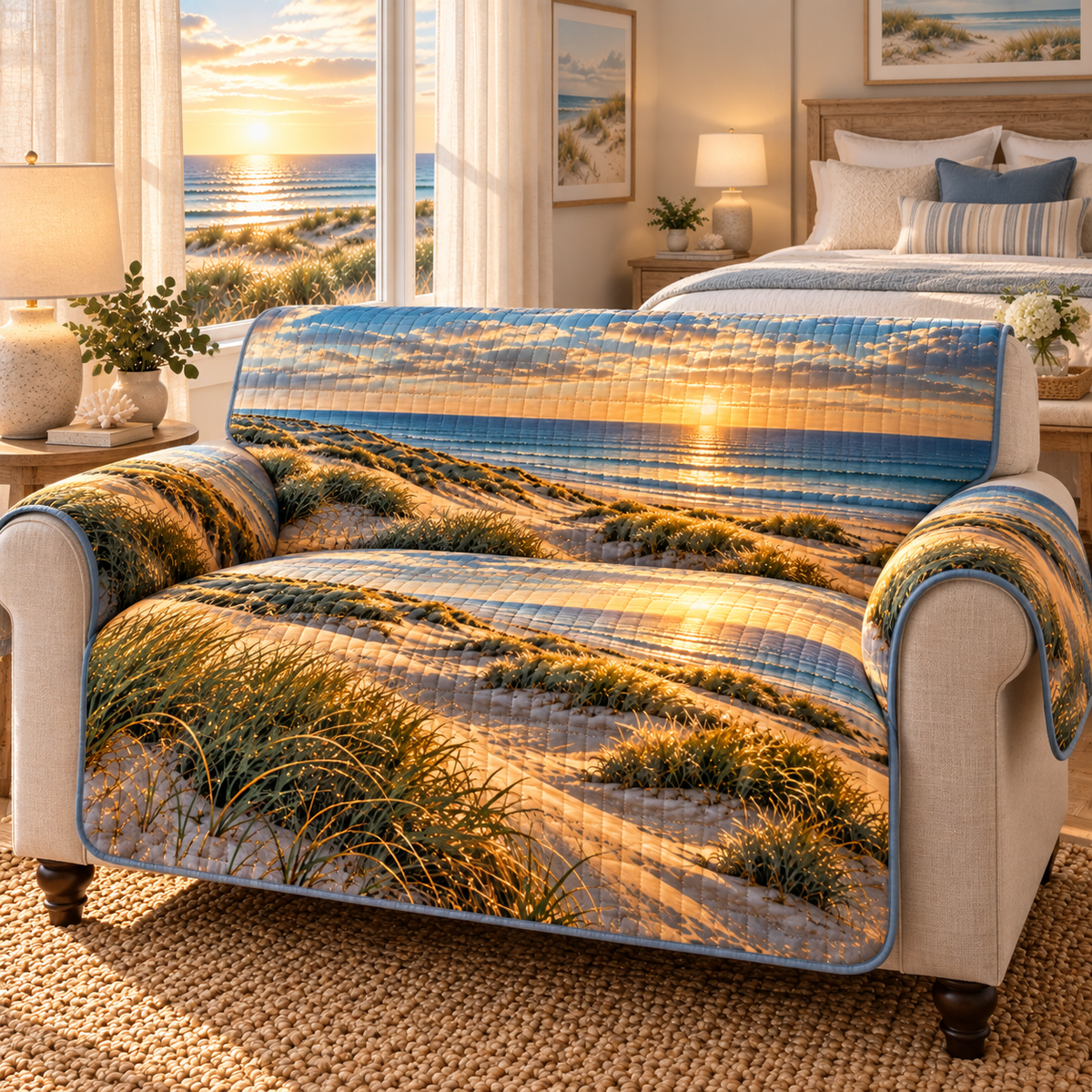 One sofa cover with flat printed layered golden sand dunes, dune grass and distant blue sea artwork in a coastal bedroom.