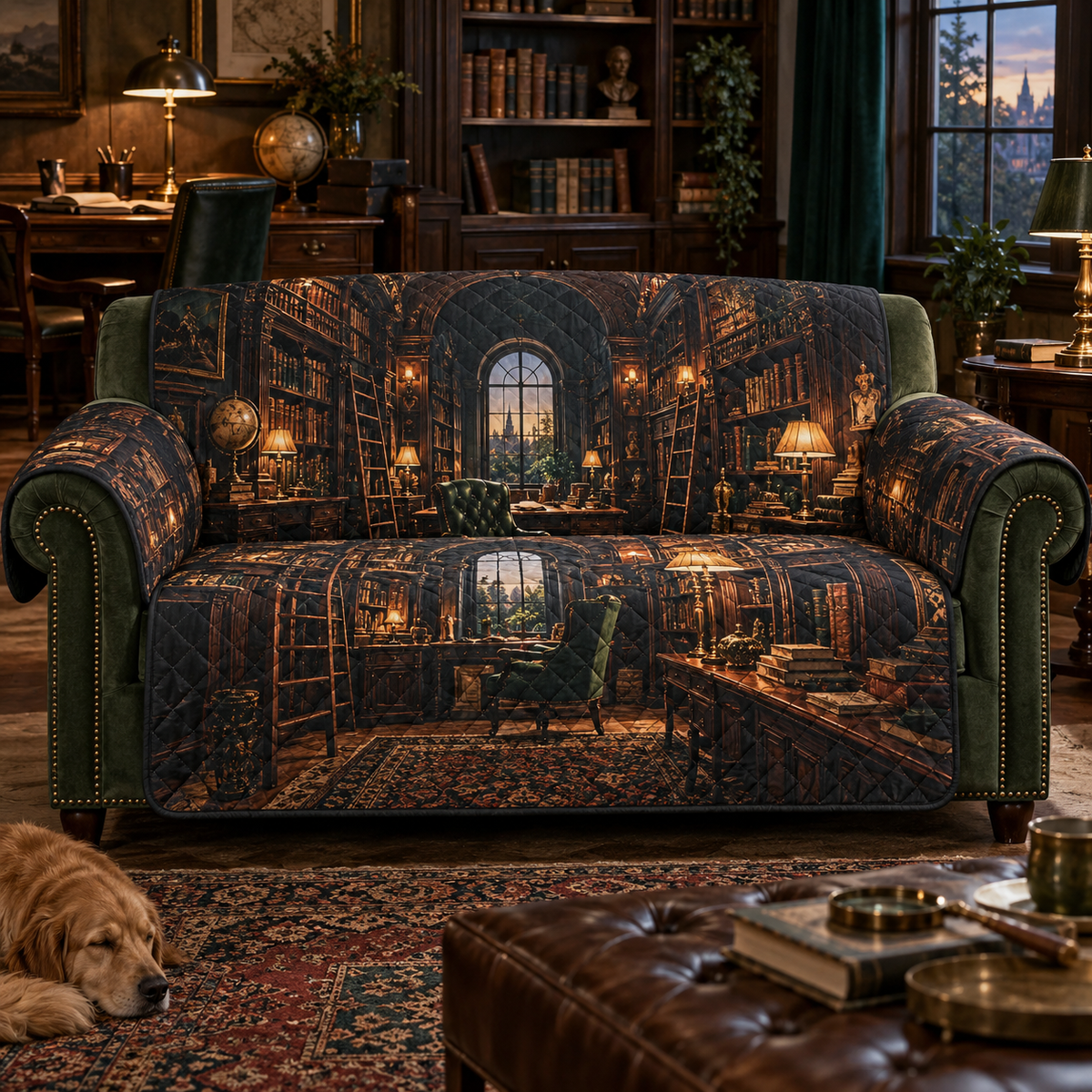 One sofa cover with flat printed layered private library shelves, brass lamps, writing desk and arched window artwork in a dark academia home office.