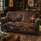 One sofa cover with flat printed raven, antique books and brass keys in a dark academia home office.