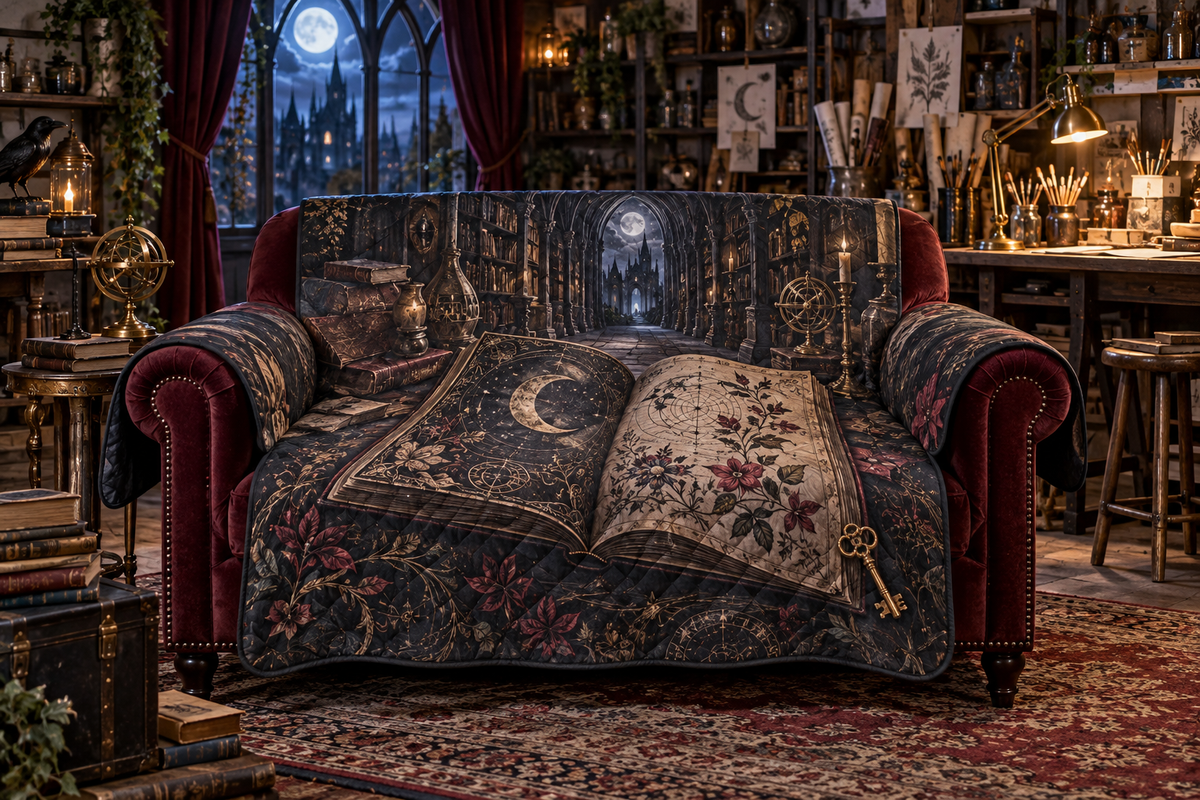 One sofa cover with flat printed open gothic grimoire, moon and brass key in a gothic hobby studio.
