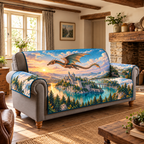 Dragon Island Castle Dawn Sofa Cover. Flat printed gliding dragon over a lake island castle.