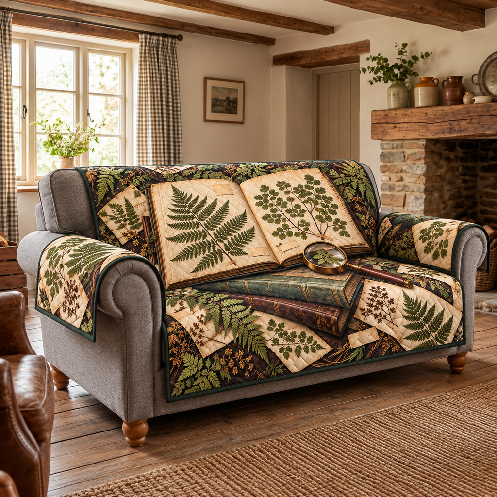 Pressed Fern Herbarium Books Sofa Cover. Flat printed fern specimen album, stacked books and brass lens.