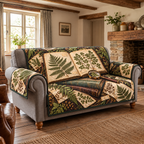Pressed Fern Herbarium Books Sofa Cover. Flat printed fern specimen album, stacked books and brass lens.