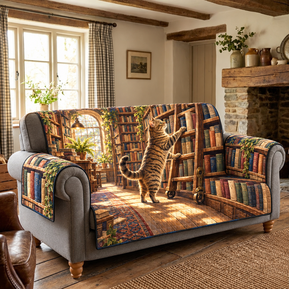 Curious Tabby Bookshop Ladder Sofa Cover. Flat printed tabby reaching from a bookshop ladder scene on one quilted sofa protector with arm flaps.