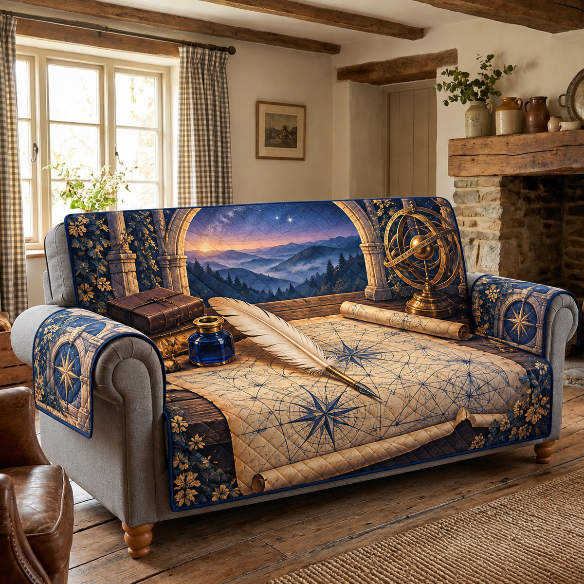Observatory Mapmaker Quill Sofa Cover. Flat printed quill, cobalt ink and parchment writing desk beneath an observatory arch and distant mountain dawn.
