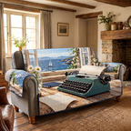 Seaside Writer Teal Typewriter Sofa Cover. Flat printed teal typewriter, daisies and open coastal window with sailboat.