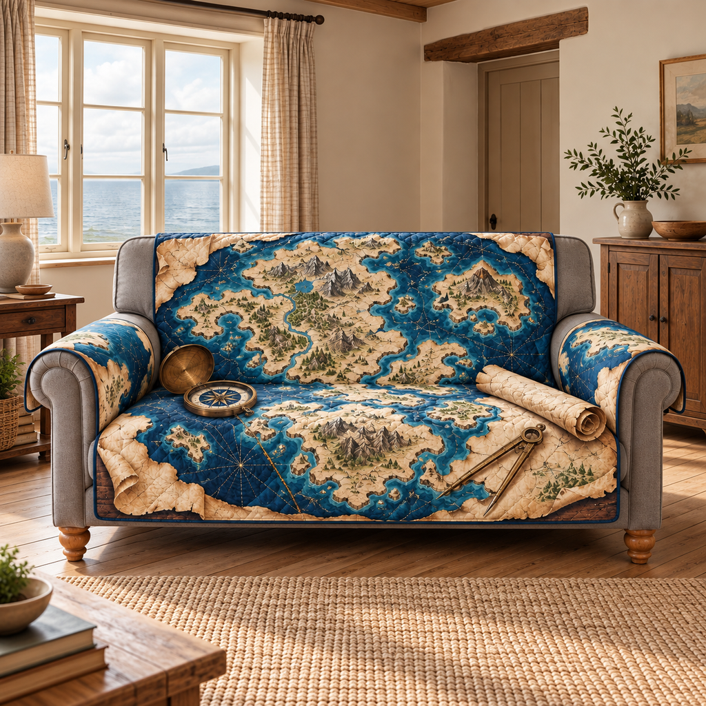 Fantasy Archipelago Compass Chart Sofa Cover. Flat printed fictional island chart, open brass compass, divider and curled vellum on oak.
