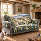 Sleeping Ivory Dragon Wildflower Sofa Cover. Flat printed curled sleeping dragon in a wildflower meadow.