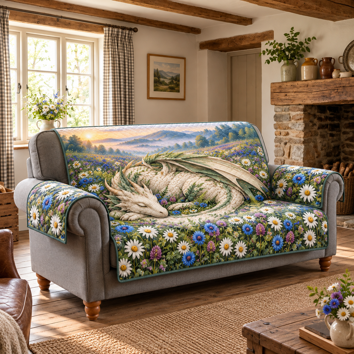 Sleeping Ivory Dragon Wildflower Sofa Cover. Flat printed curled sleeping dragon in a wildflower meadow.