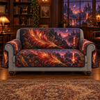 Phoenix ember feathers on one thin protective sofa throw with back, seat, short front drop and two outside arm flaps; gray arm fronts/base exposed.