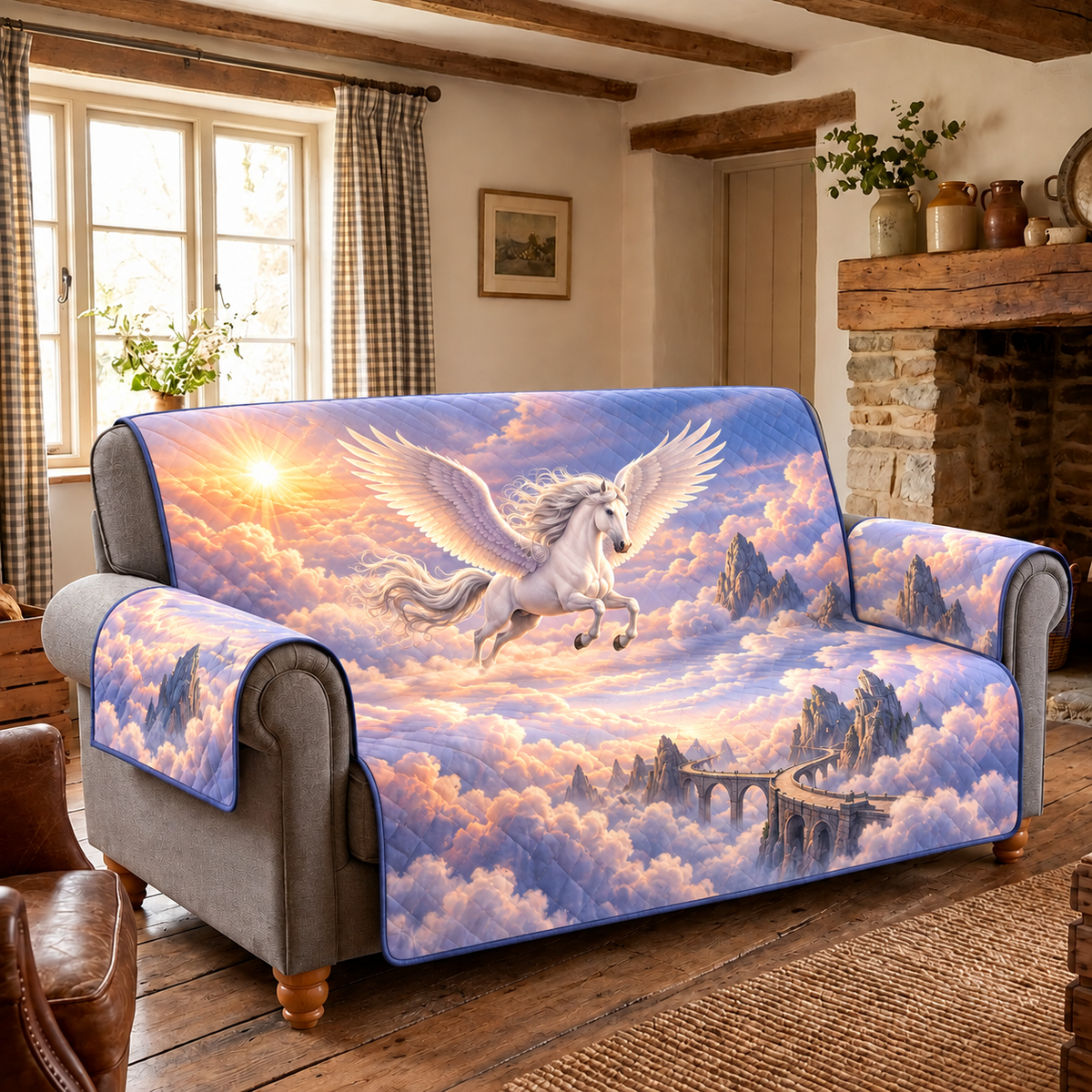 Sunrise Cloud Bridge Pegasus Sofa Cover. Flat printed hornless pegasus above sunrise clouds and a distant stone bridge.