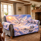 Sunrise Cloud Bridge Pegasus Sofa Cover. Flat printed hornless pegasus above sunrise clouds and a distant stone bridge.