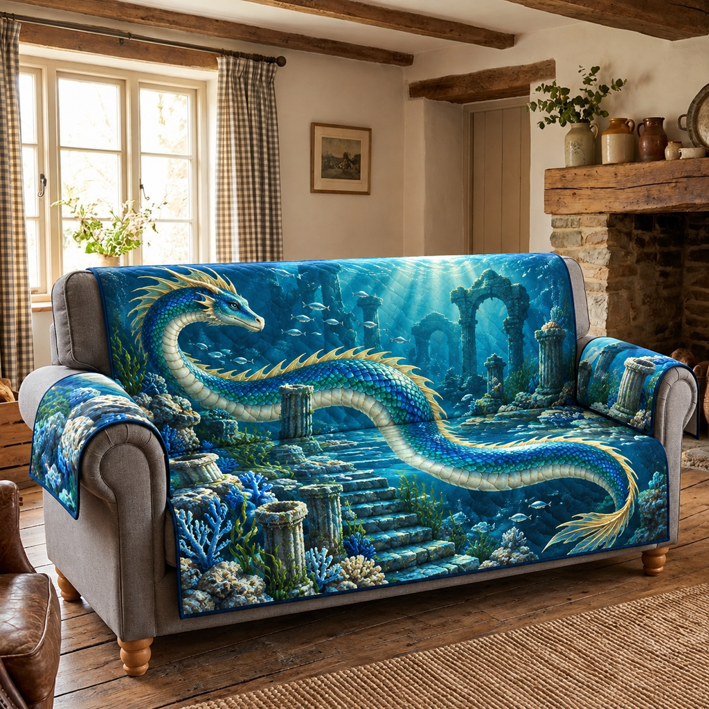 Sunken Ruins Sea Serpent Sofa Cover. Flat printed continuous sea serpent above sunken stairs and columns.