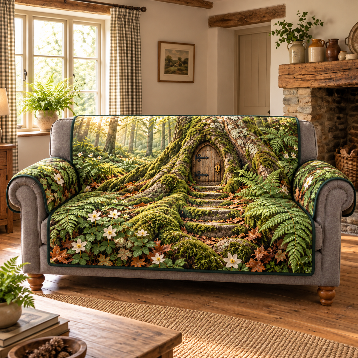 Beech Root Fairy Door Sofa Cover. Single flat printed oak door in mossy roots with woodland ferns.