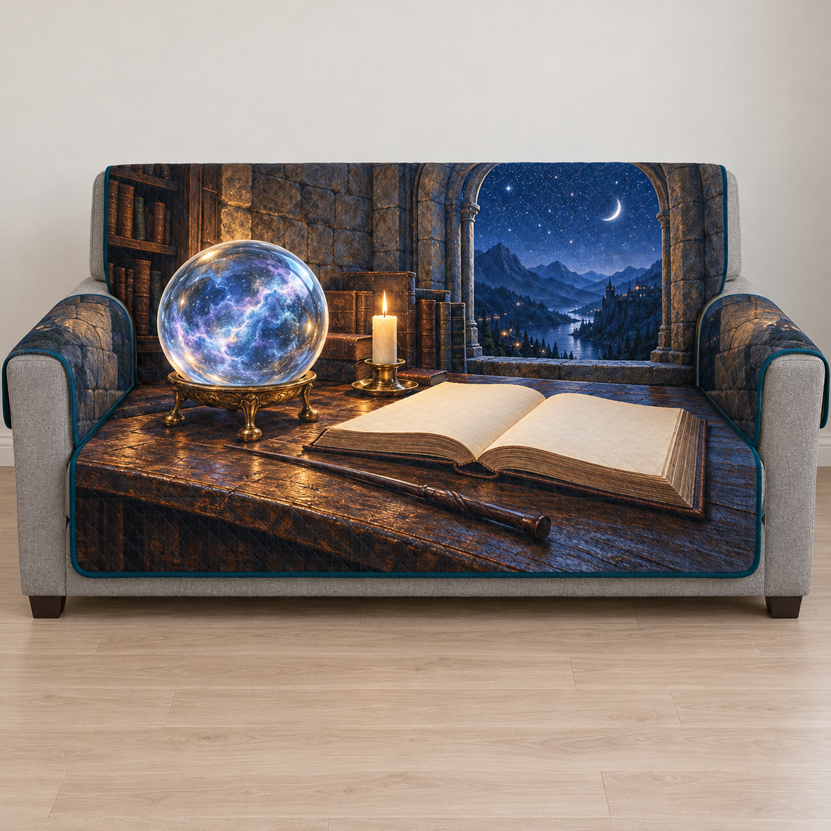One continuous thin sofa cover with crystal orb, blank book and wand in tower study; gray outer arms/base exposed