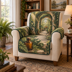 A quilted furniture protector printed with an amber apothecary bottle, overlapping ferns and a stone corridor receding toward a sunlit glasshouse window.