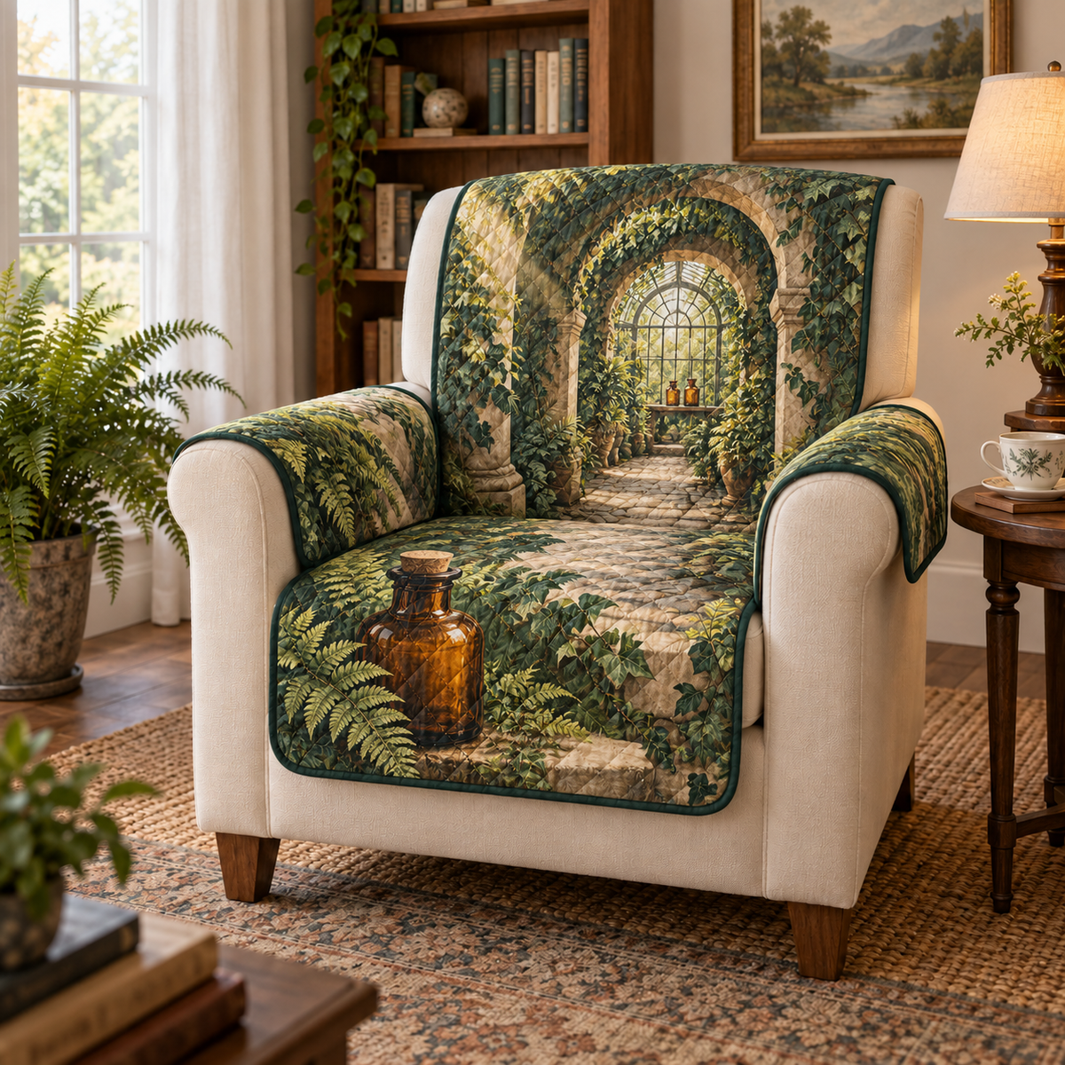 A quilted furniture protector printed with an amber apothecary bottle, overlapping ferns and a stone corridor receding toward a sunlit glasshouse window.