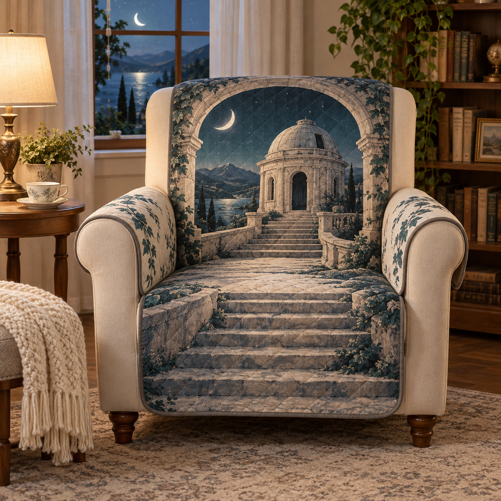 A quilted furniture protector printed with a domed observatory, foreground stone steps, vine-lined arches and a crescent moon over a distant lake and mountains.