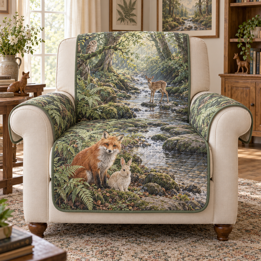 A quilted furniture protector printed with a fox, rabbit, deer and owl along a layered woodland creek.