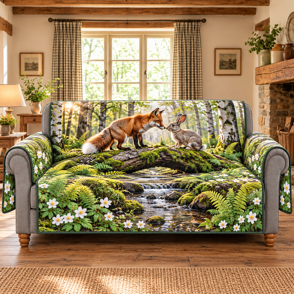 Thin protective sofa cover with flat printed fox and gray rabbit touching noses on a mossy log, two side arm flaps
