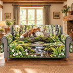 Thin protective sofa cover with flat printed fox and gray rabbit touching noses on a mossy log, two side arm flaps