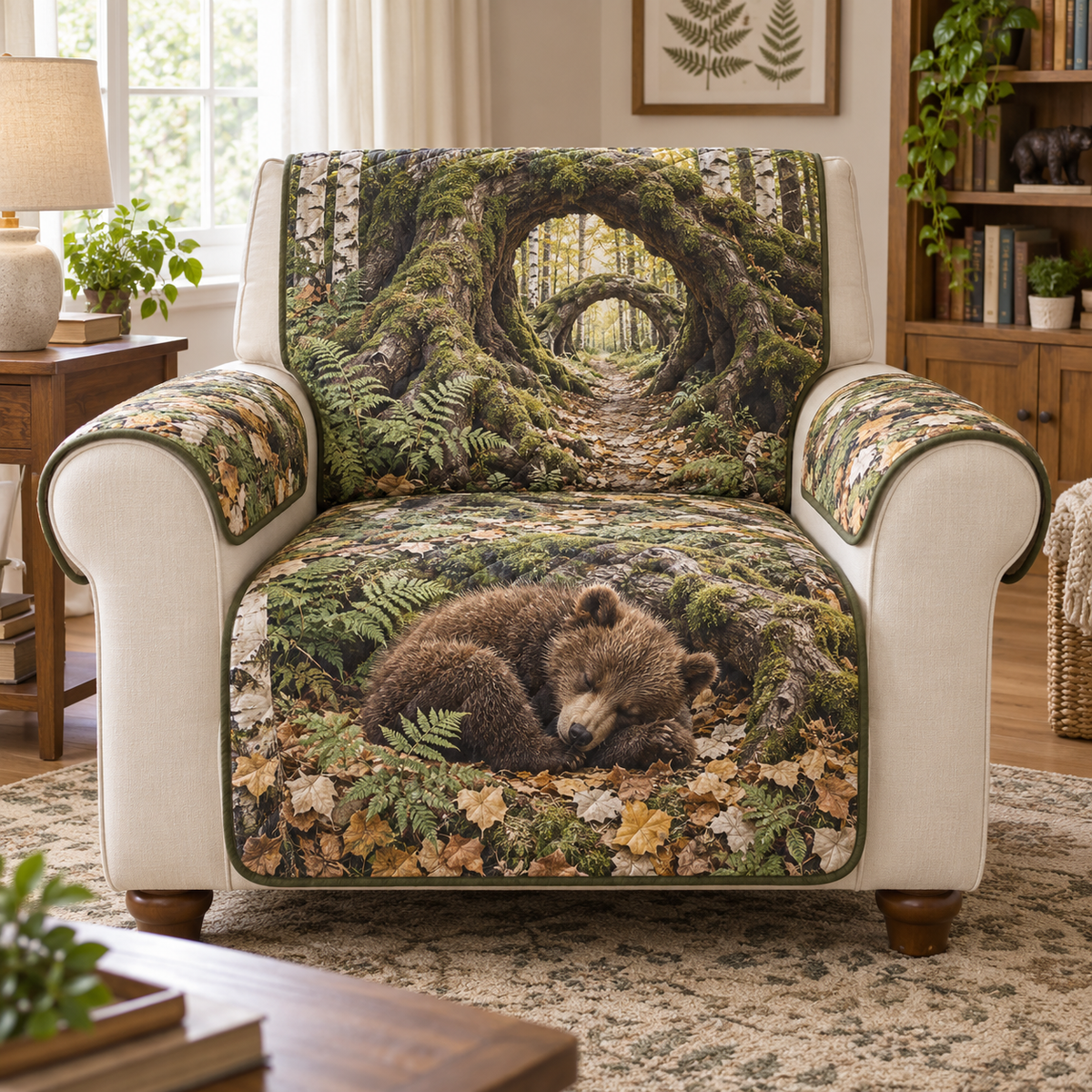 A quilted furniture protector printed with one sleeping bear cub, fallen leaves and receding mossy root arches in birch woodland.