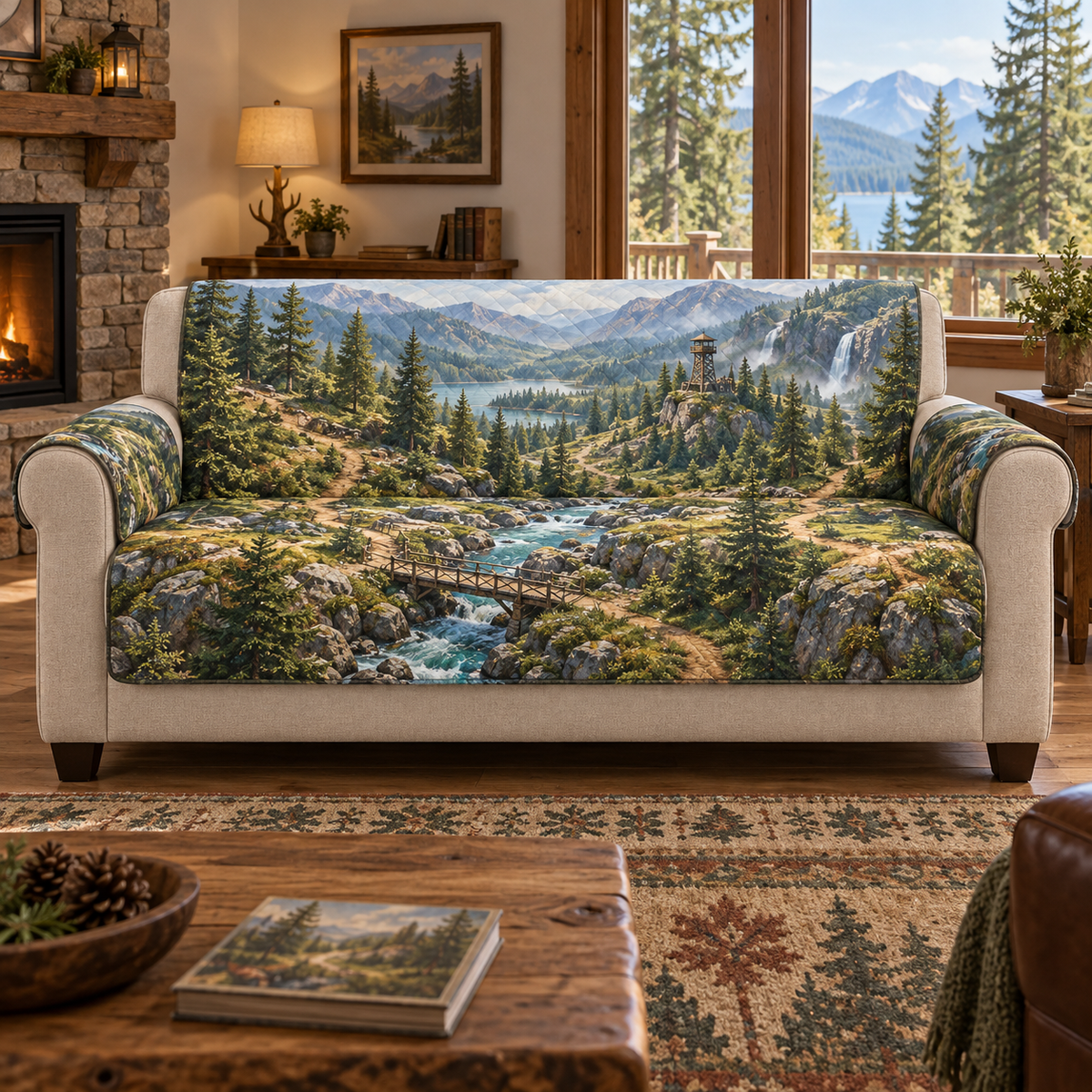 A quilted sofa protector printed with a woodland adventure map: rocky stream and wooden bridge, branching trails, a timber lookout and distant waterfalls.