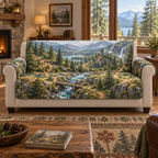 A quilted sofa protector printed with a woodland adventure map: rocky stream and wooden bridge, branching trails, a timber lookout and distant waterfalls.