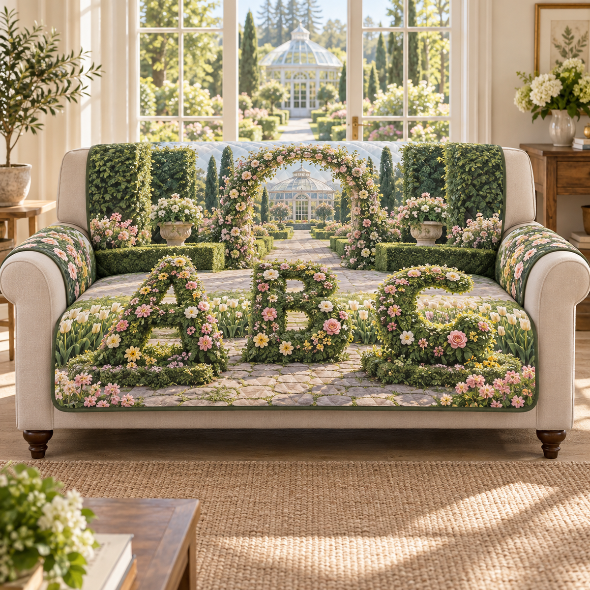 A quilted sofa protector printed with floral A B C topiary forms, a stone garden path, flowering arch and distant glasshouse.
