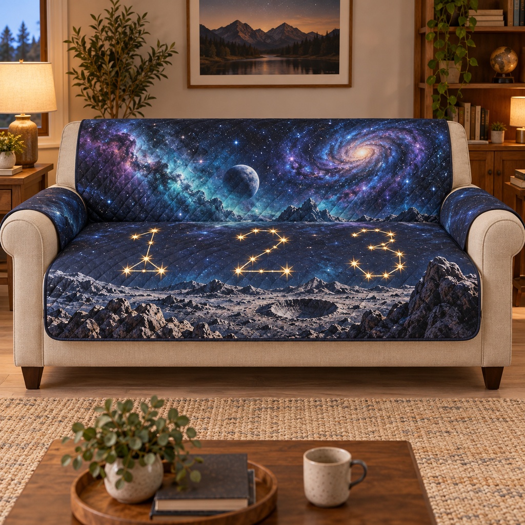 A quilted sofa protector printed with golden star-line digits 1 2 3, a rocky lunar landscape, planet, blue-violet nebula and spiral galaxy.