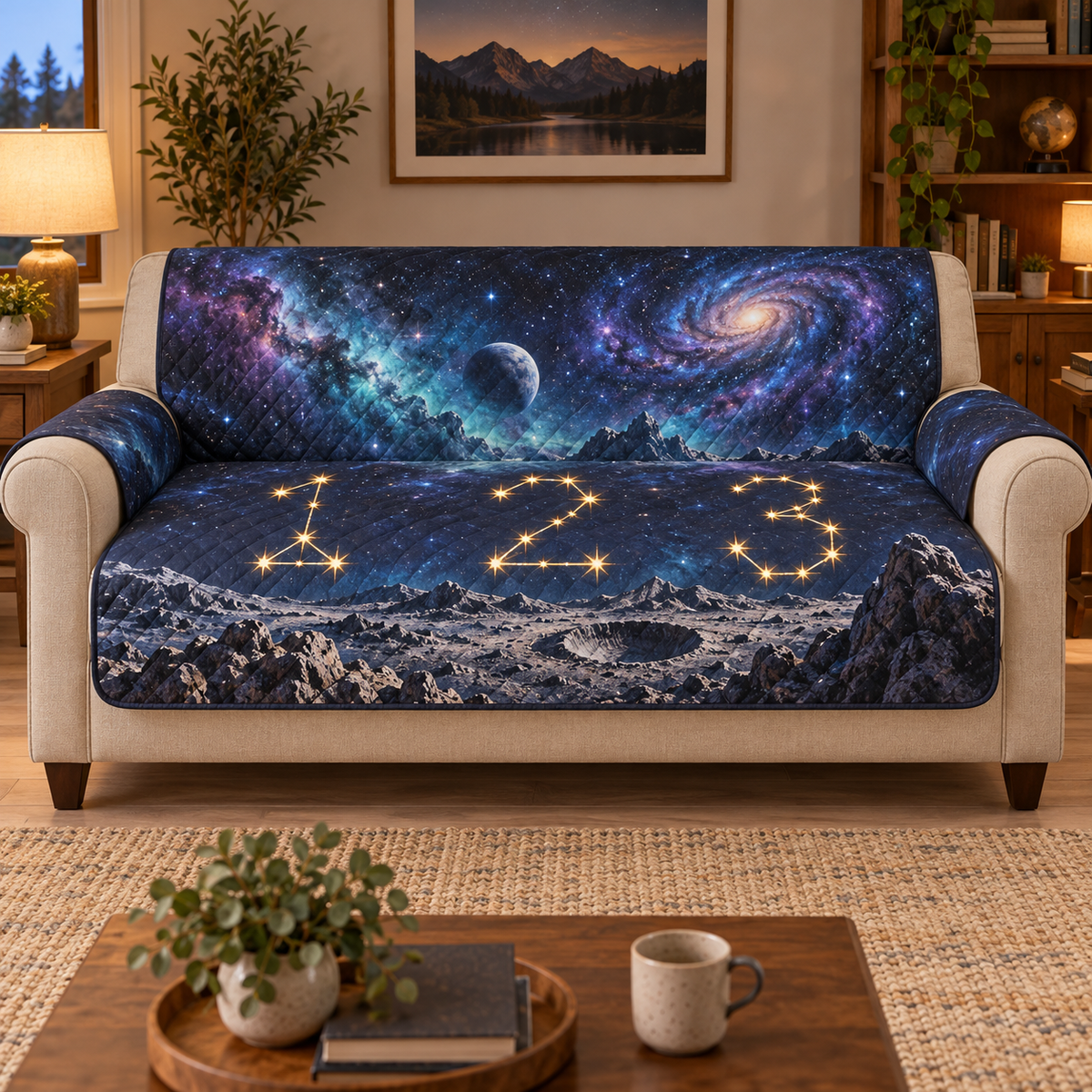A quilted sofa protector printed with golden star-line digits 1 2 3, a rocky lunar landscape, planet, blue-violet nebula and spiral galaxy.