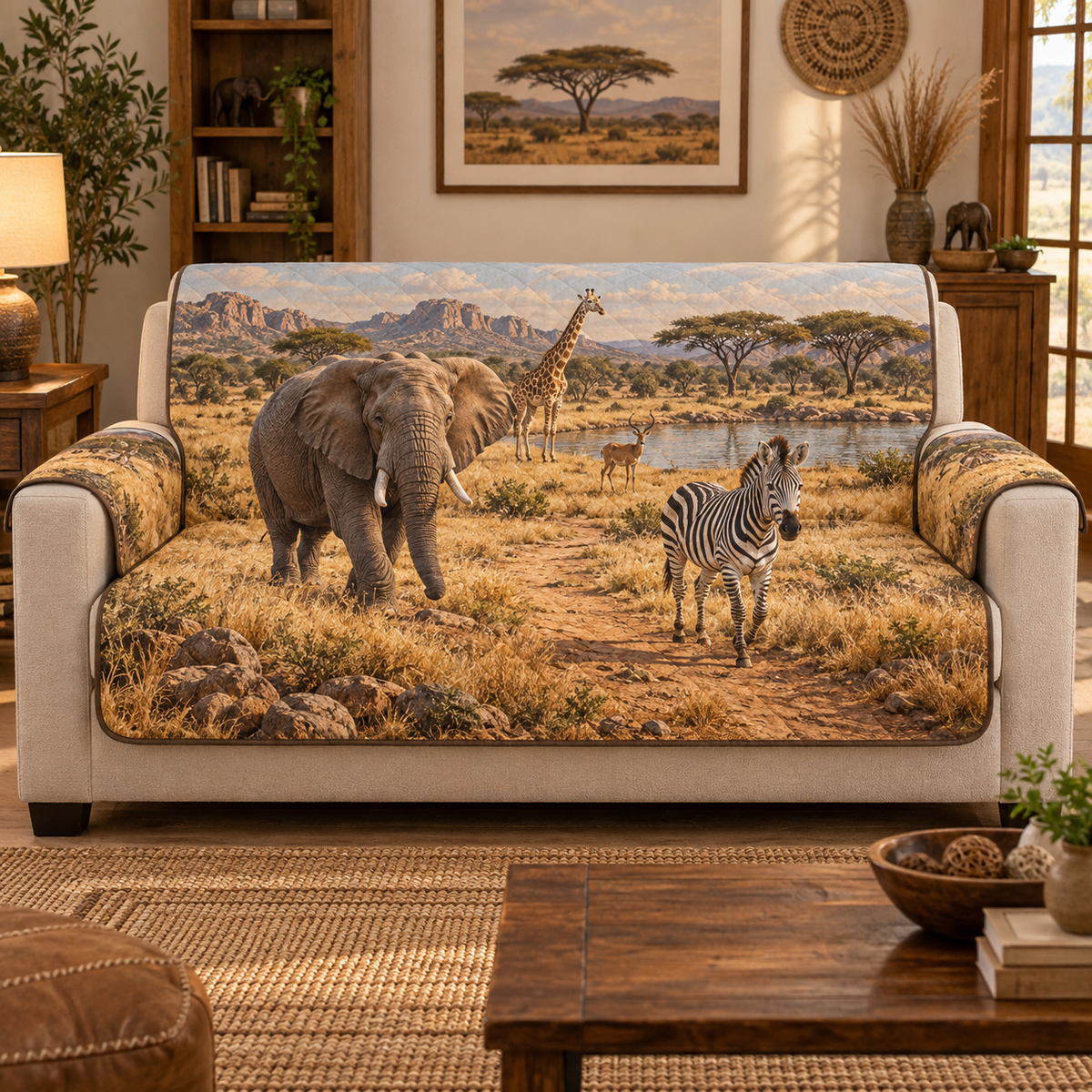 A quilted sofa protector printed with an elephant, zebra, giraffe and antelope on a savanna trail beside a watering hole and acacia trees.