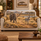 A quilted sofa protector printed with an elephant, zebra, giraffe and antelope on a savanna trail beside a watering hole and acacia trees.