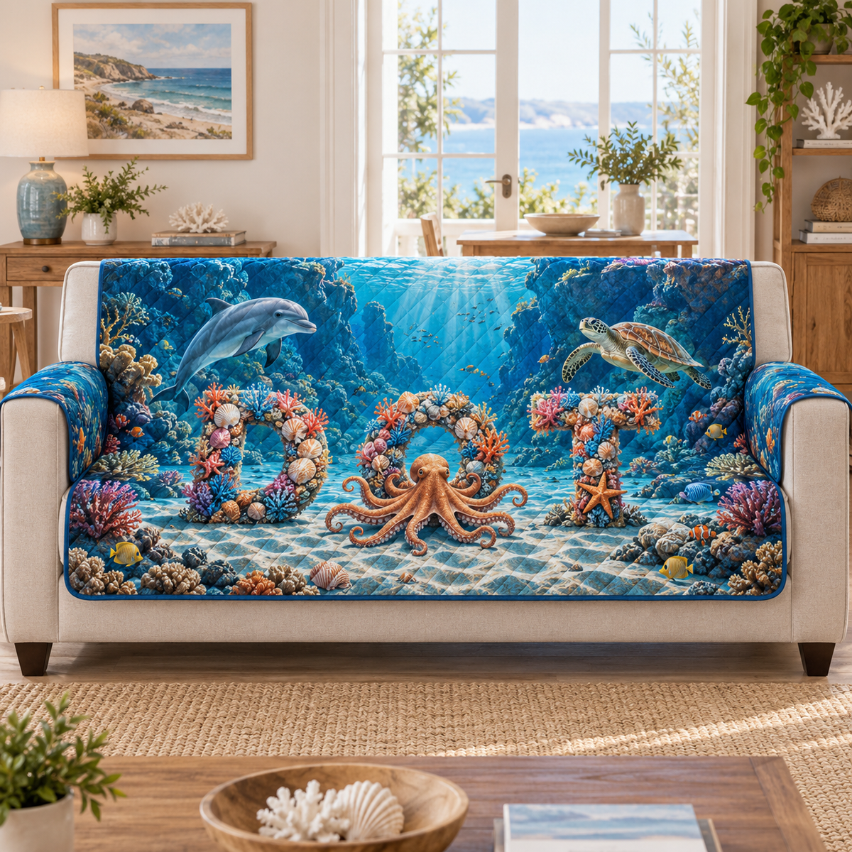 A quilted sofa protector printed with coral-and-shell letters D O T, a dolphin, octopus and sea turtle in a deep reef canyon.