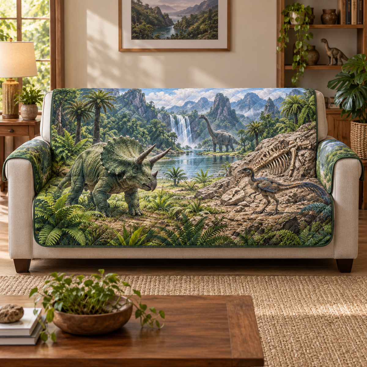 A quilted sofa protector printed with a triceratops, small feathered dinosaur beside a fossil outcrop, and a sauropod in a waterfall valley.