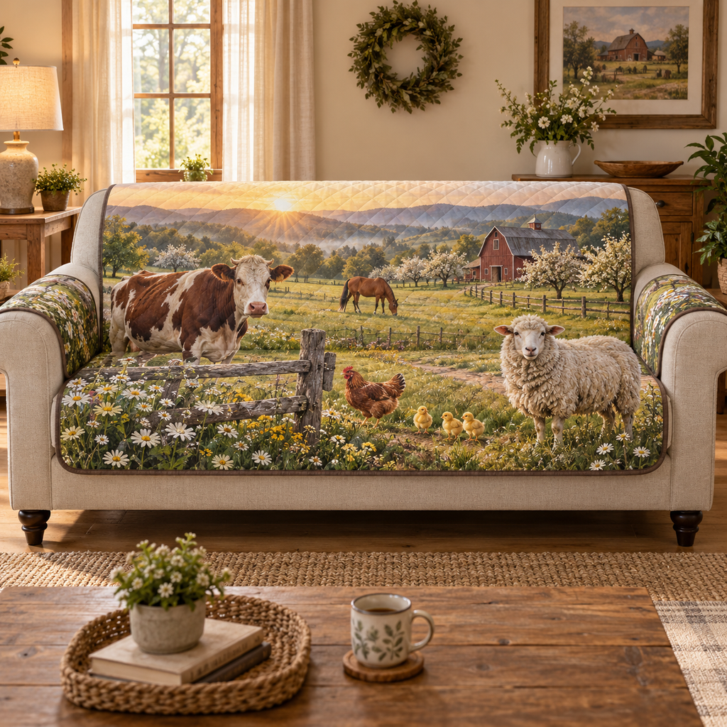 A quilted sofa protector printed with cow, sheep, hen and chicks beside a wooden fence, horse, red barn and sunrise orchard.