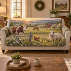 A quilted sofa protector printed with cow, sheep, hen and chicks beside a wooden fence, horse, red barn and sunrise orchard.