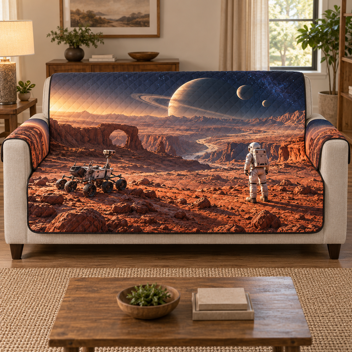 A quilted sofa protector printed with planetary rover, space-suited explorer, red canyon arch, ringed planet and two moons.