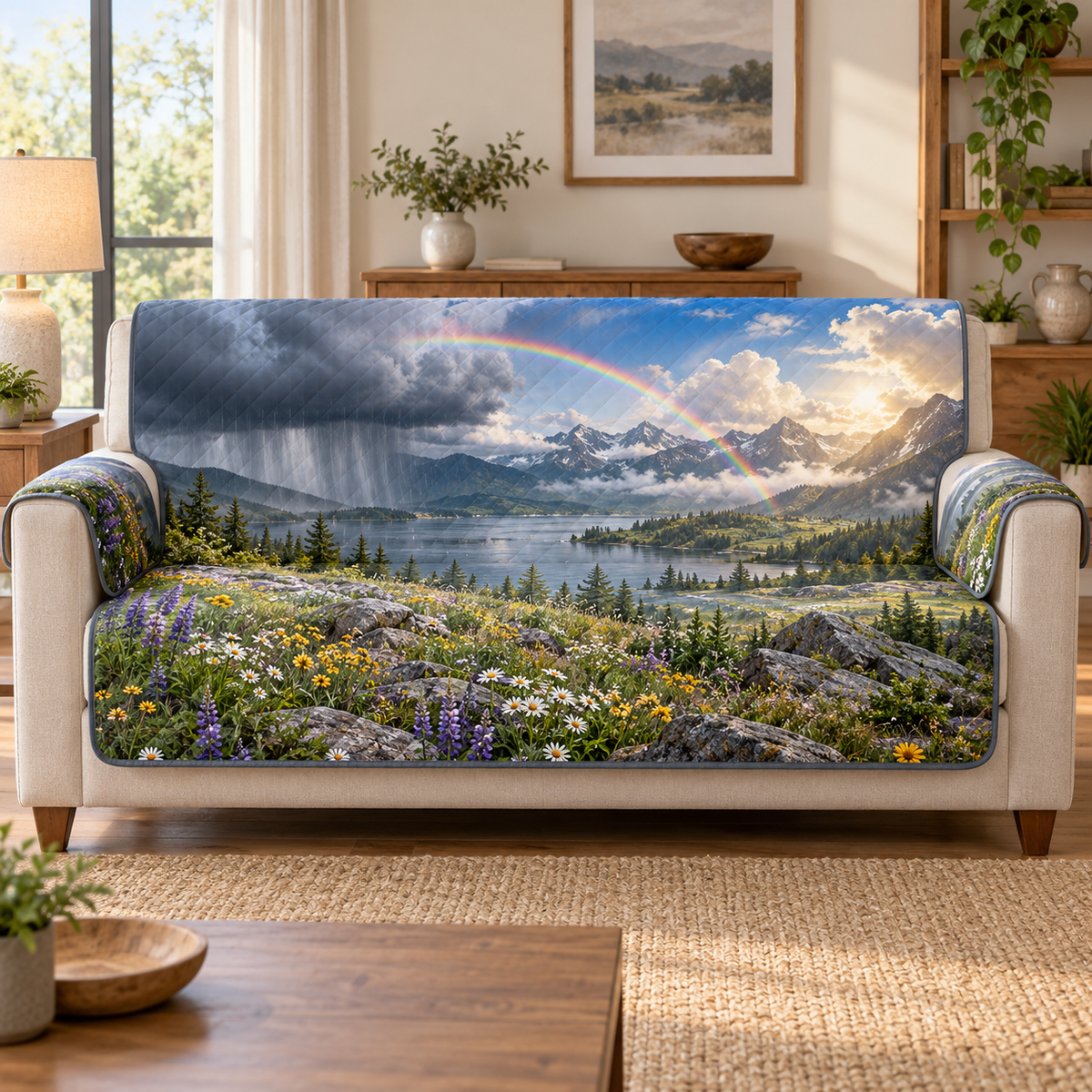 A quilted sofa protector printed with rainbow, rain clouds and sunlit cumulus above a lake, mountain valley and flowered meadow.