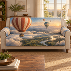 A quilted sofa protector printed with striped hot air balloons above cloud banks, a winding river valley and distant sunrise mountains.