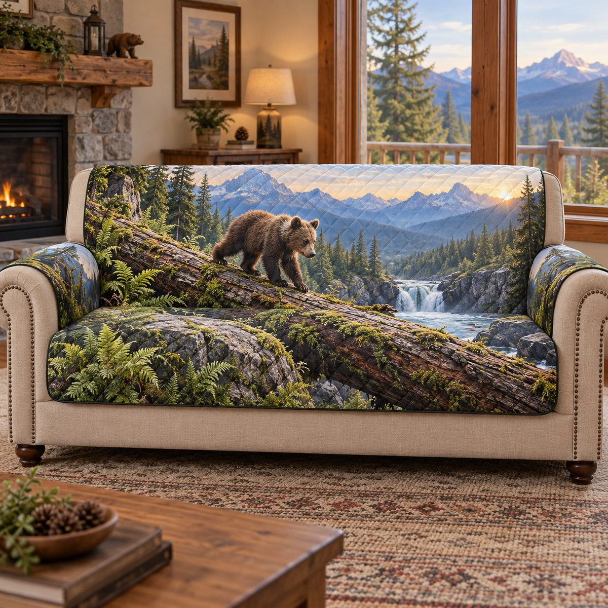 A quilted sofa protector printed with a bear cub crossing a fallen log above an alpine gorge and waterfall.