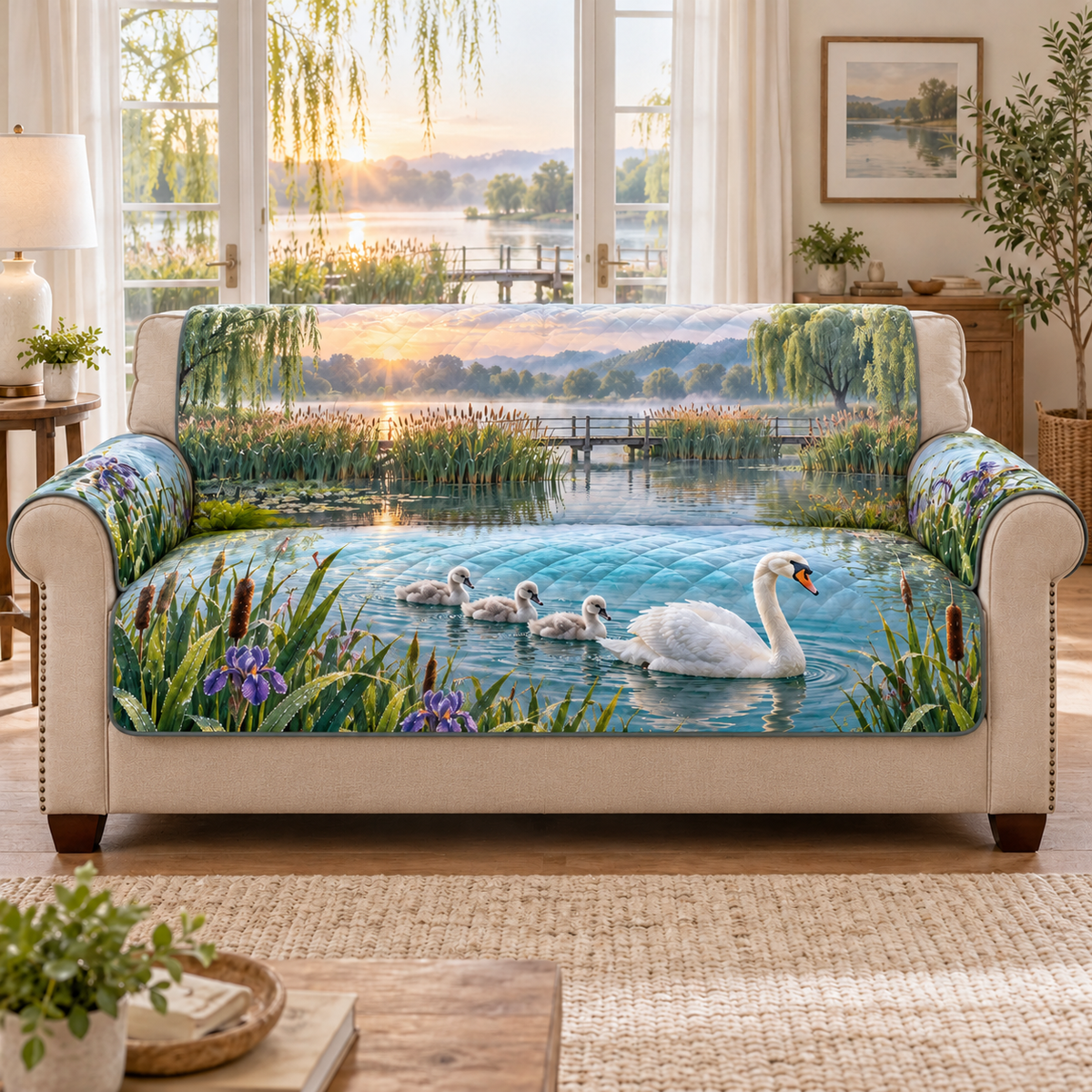 A quilted sofa protector printed with a swan and three cygnets swimming through a layered reed lake.