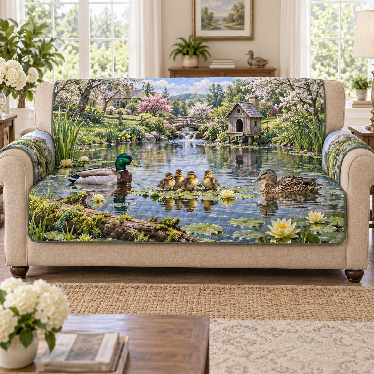 A quilted sofa protector printed with two mallards, four ducklings, water lilies and a garden duck pond.