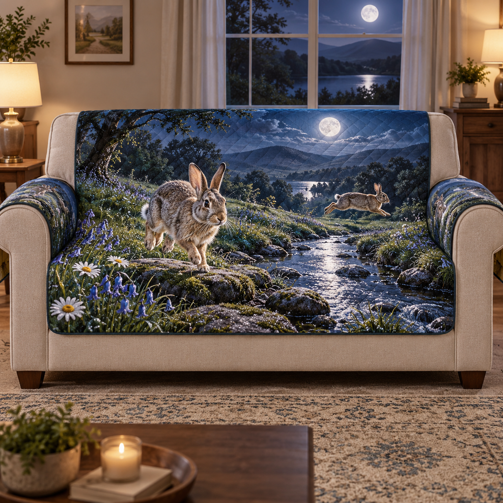 A quilted sofa protector printed with two rabbits crossing a moonlit meadow brook among flowers and stepping stones.