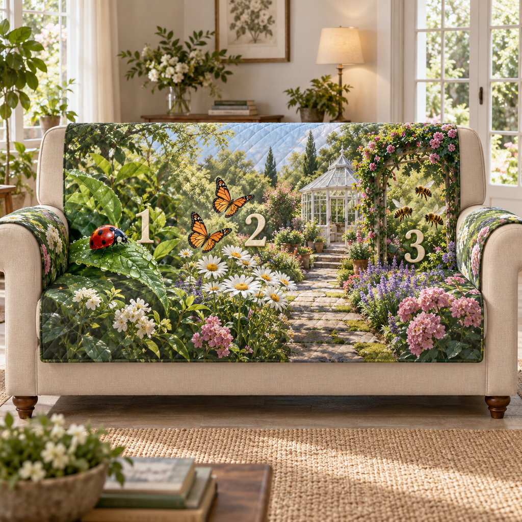 A quilted sofa protector printed with one ladybug, two butterflies and three bees paired with numerals 1, 2 and 3 in a layered garden.