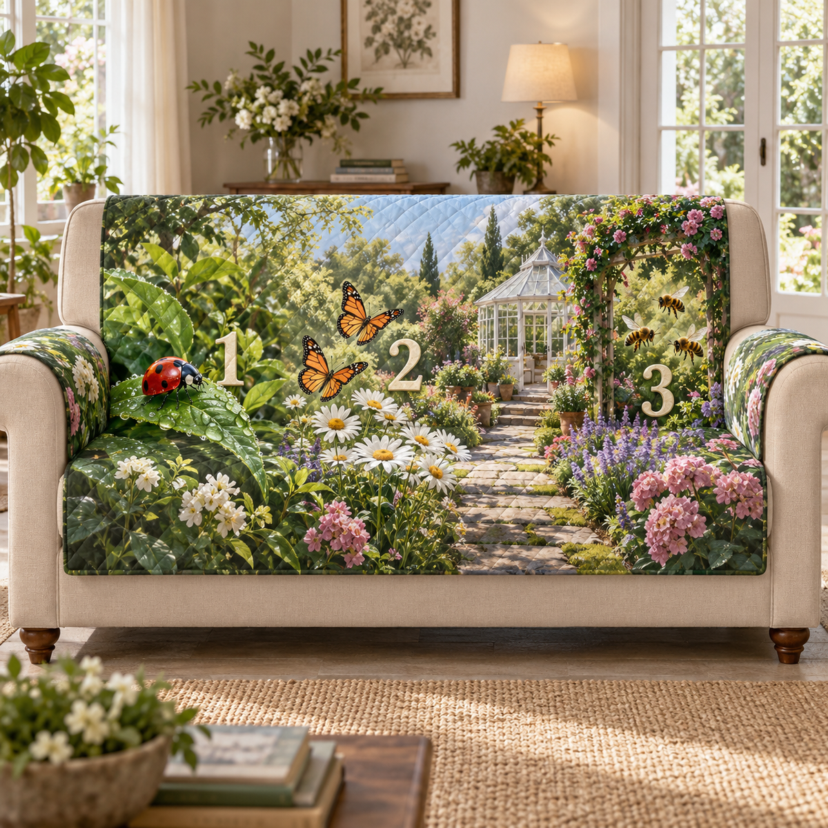 A quilted sofa protector printed with one ladybug, two butterflies and three bees paired with numerals 1, 2 and 3 in a layered garden.